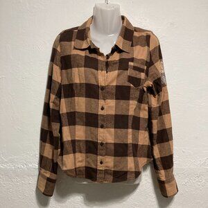 Edin Womens Button Up Shirt Plaid Check Cowgirl Studded Brown Rodeo Country L